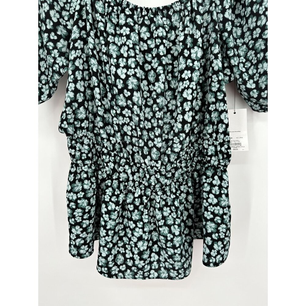 Nine West Short Sleeve Square Neck Peplum Blouse Women Large Black Floral NWT - Picture 3 of 11